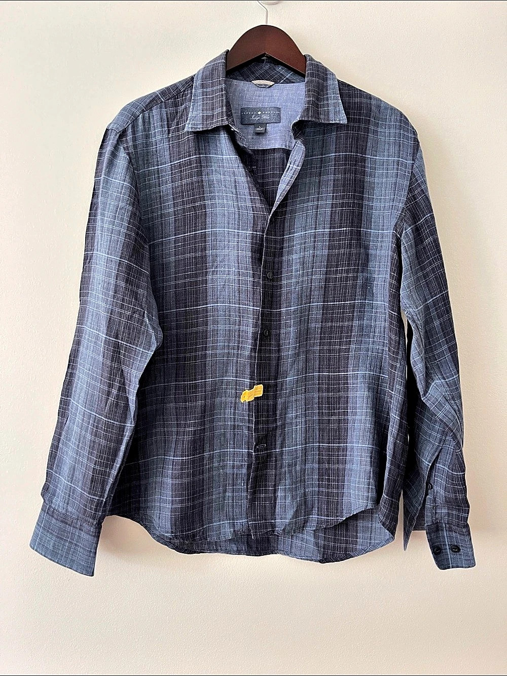 Joseph Abboud Indigo Blue 100% Linen Plaid Long Sleeve Button Down Shirt